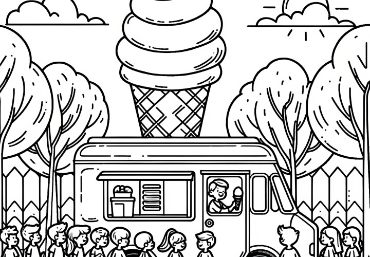 Auto de helados con niños: Dibujo para colorear gratis