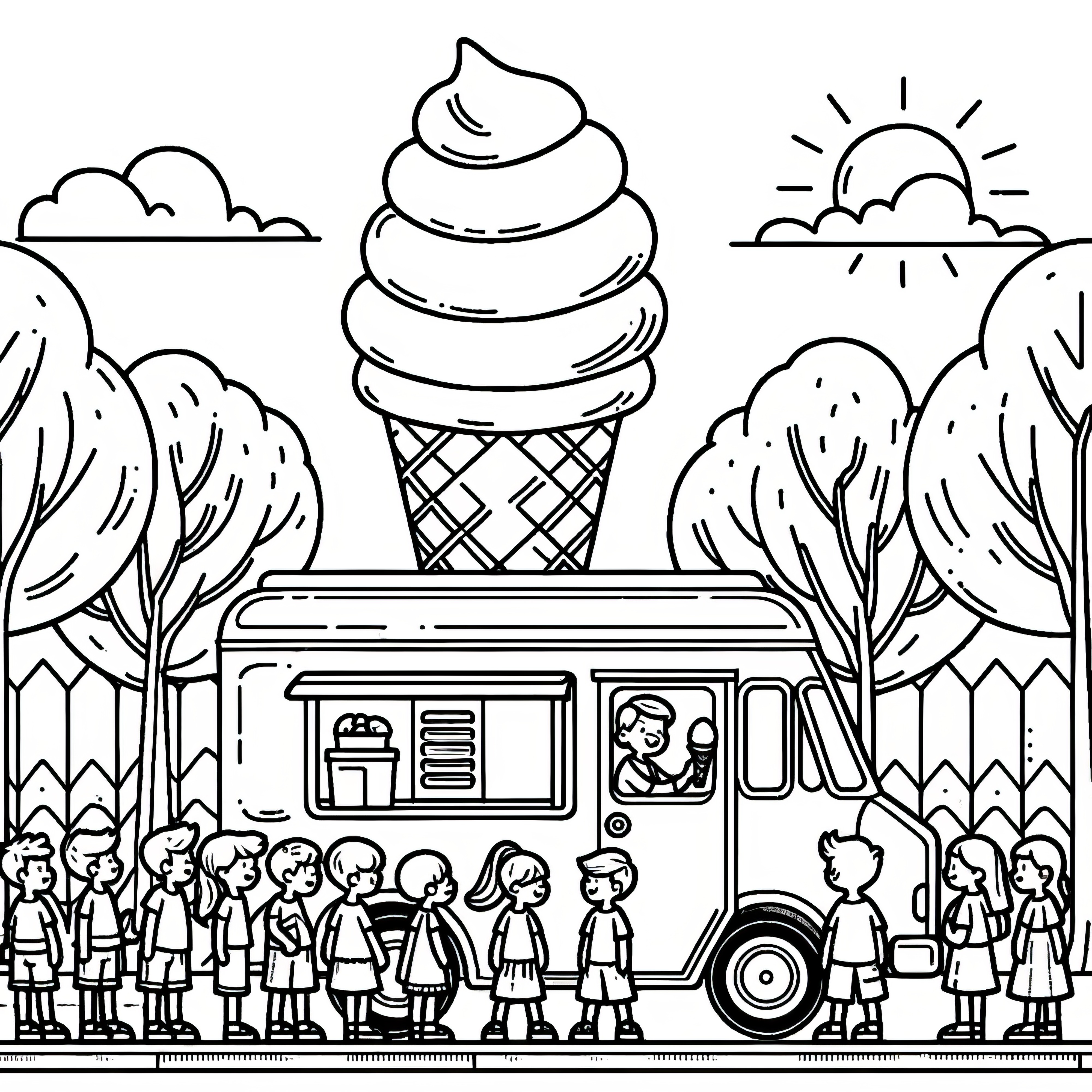 Coche de helados con niños: dibujo para colorear gratis