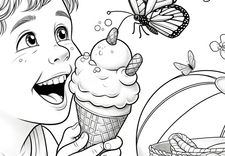 Niño come helado con mariposa: Plantilla para colorear de verano (Gratis)