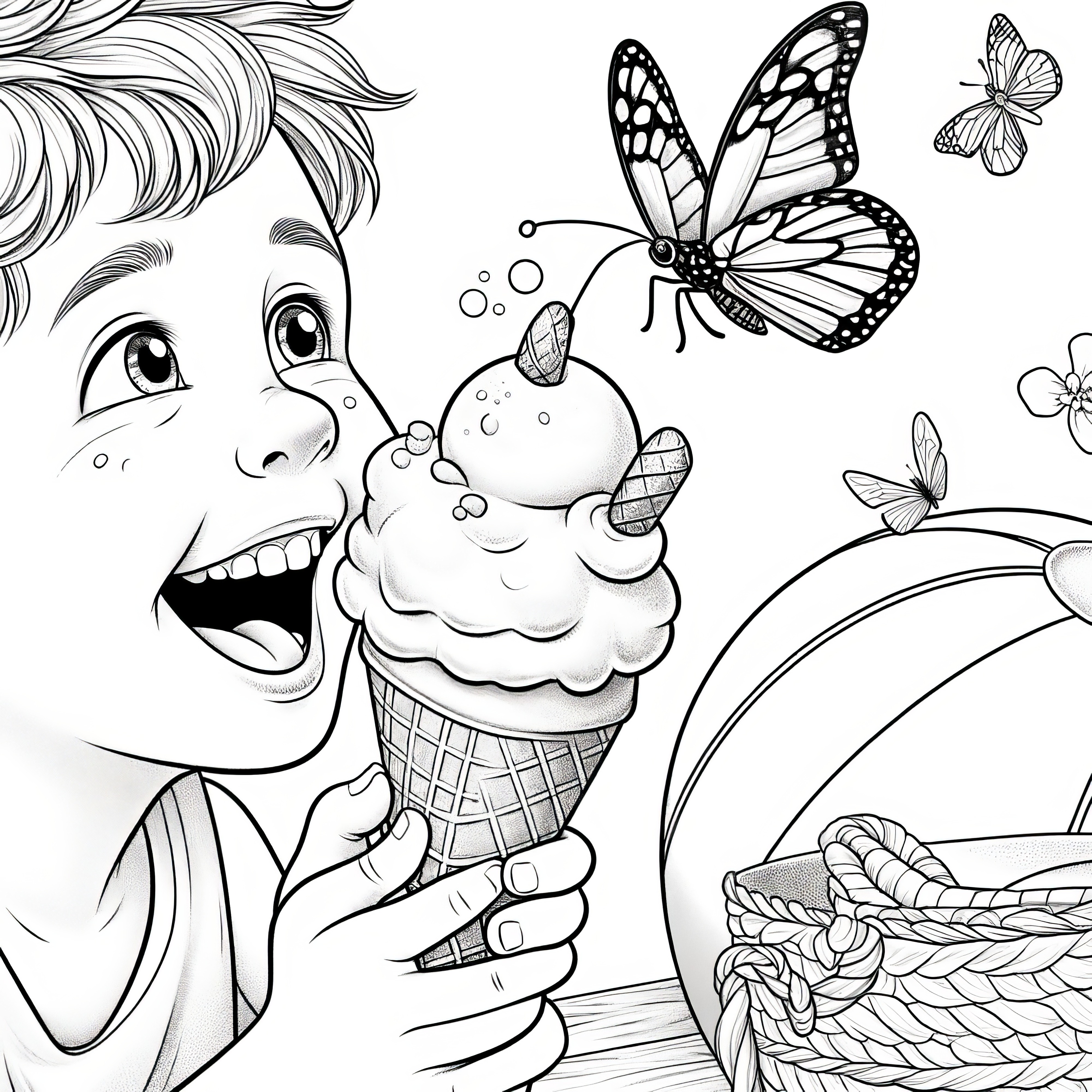 Niño come helado con mariposa: Plantilla para colorear veraniega (Gratis)