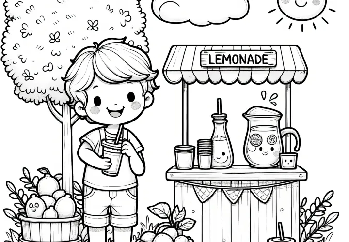 Niño con puesto de limonada: imagen para colorear para descargar (gratis)