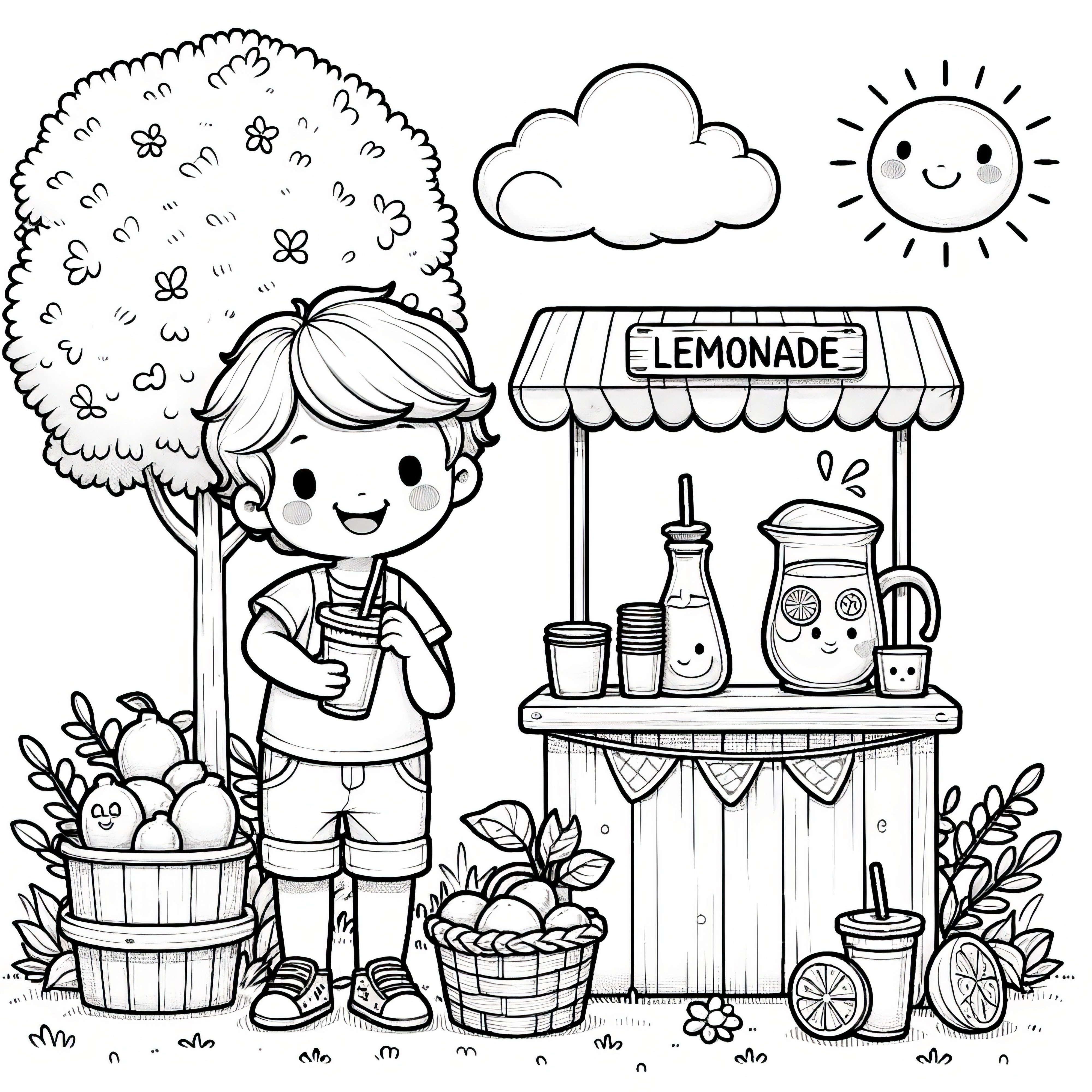 Niño con puesto de limonada: Imagen para colorear para descargar (Gratis)