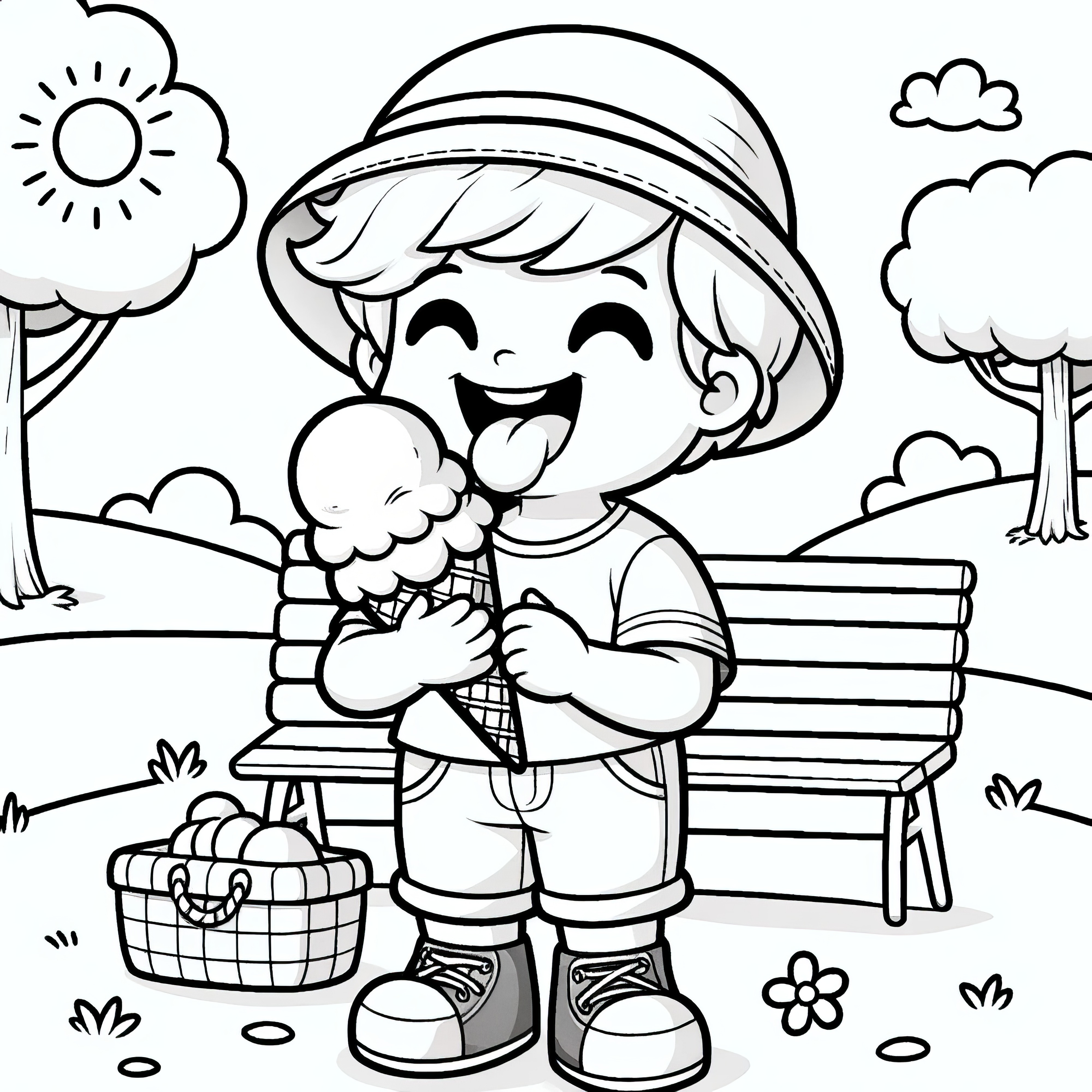 El niño come un helado con ganas: dibujo para colorear gratis para descargar