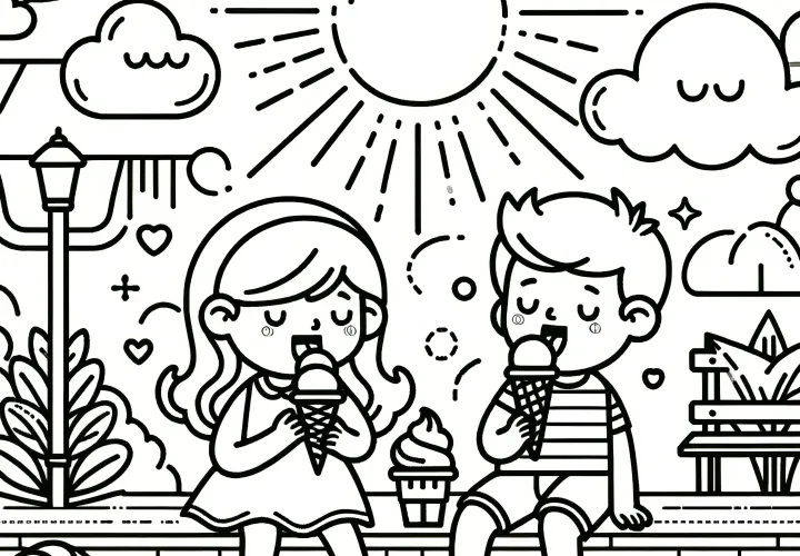 Los niños comen helado en el parque: Imagen para colorear gratuita para descargar