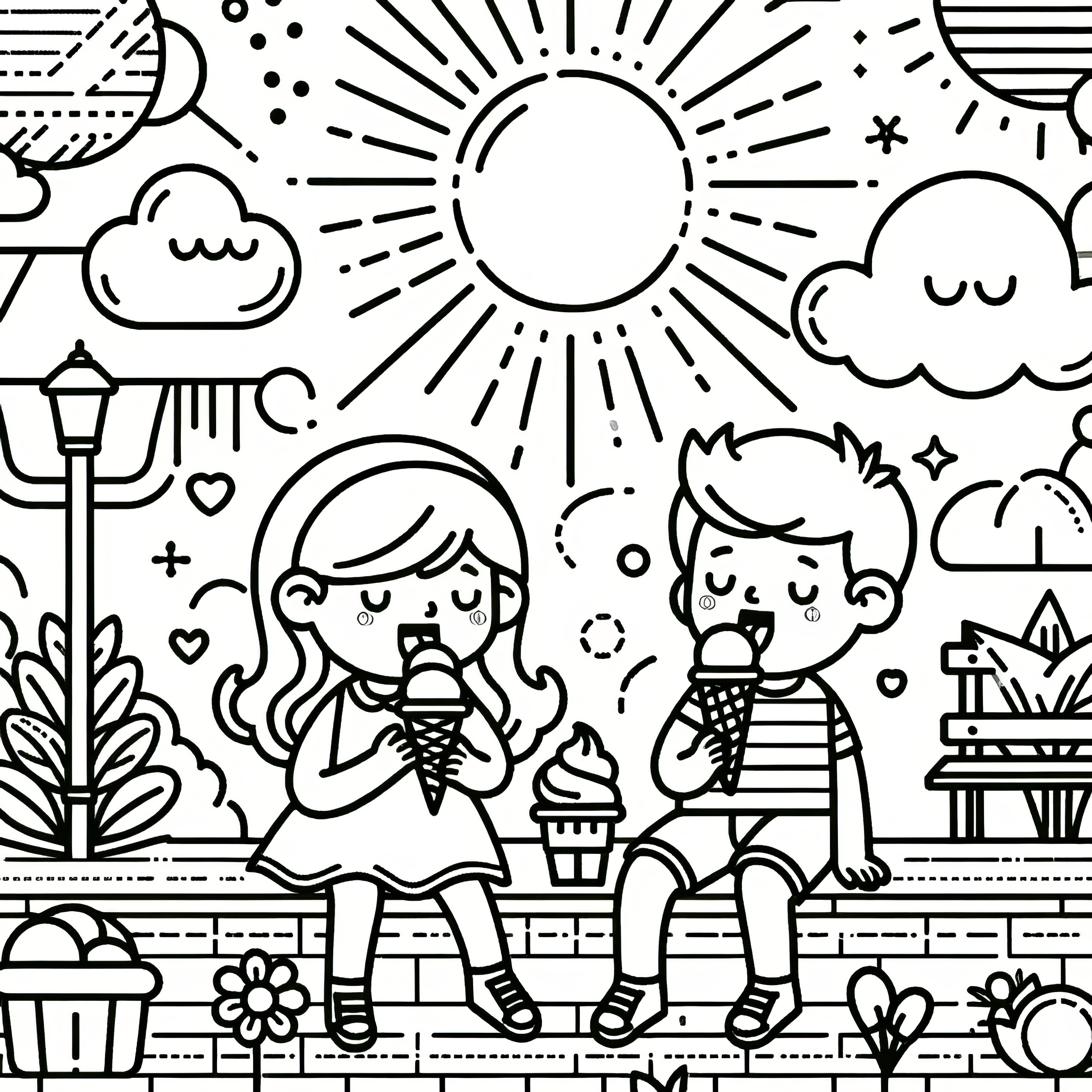 Los niños comen helado en el parque: Dibujo para colorear gratuito para descargar