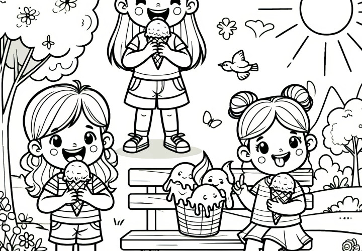 Niña comiendo helado: dibujo para colorear para descargar (Gratis)