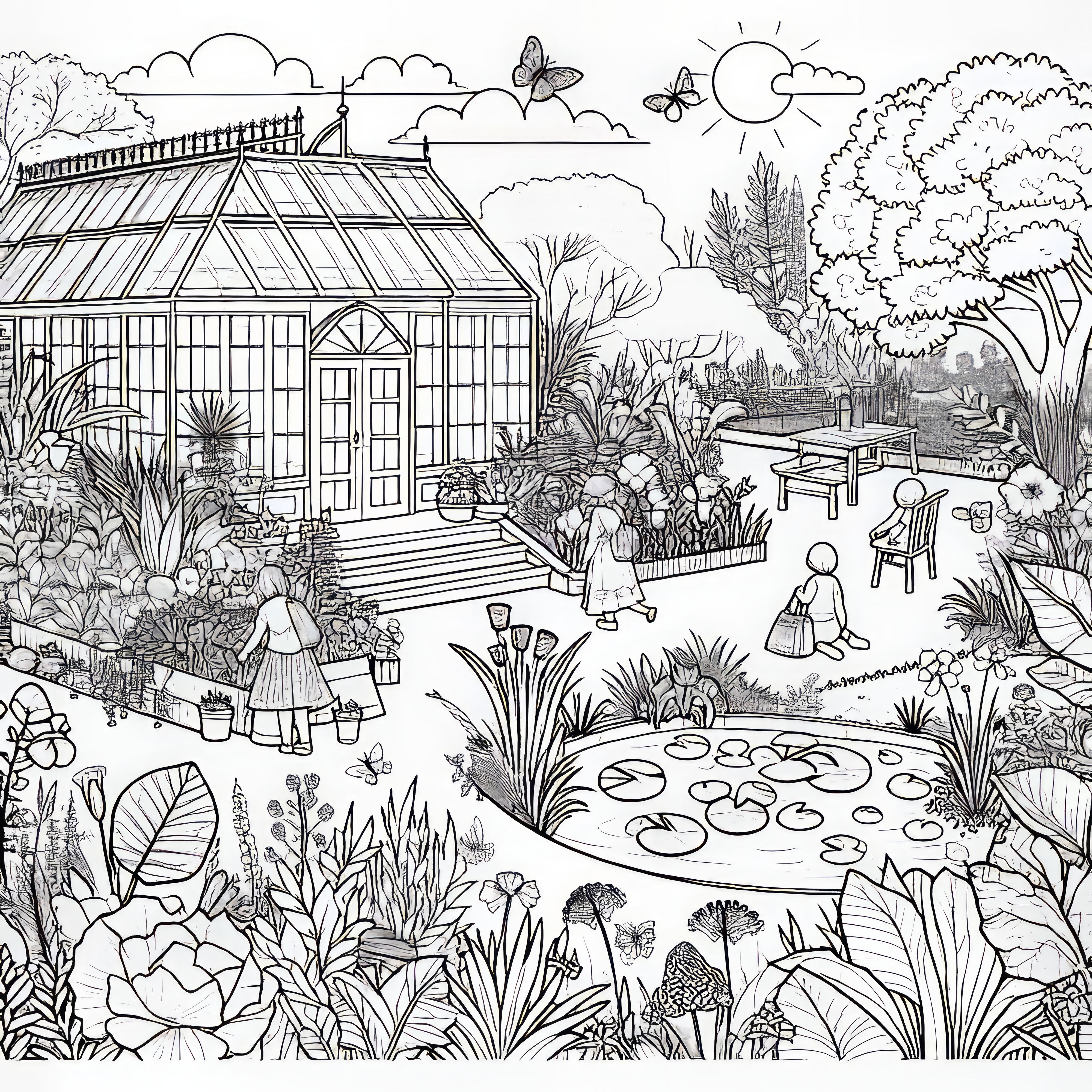 Jardín botánico en verano: dibujo para colorear gratis para descargar