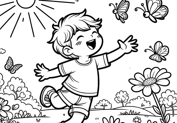 Niño feliz en prado de flores en verano: imagen para colorear para descargar (Gratis)