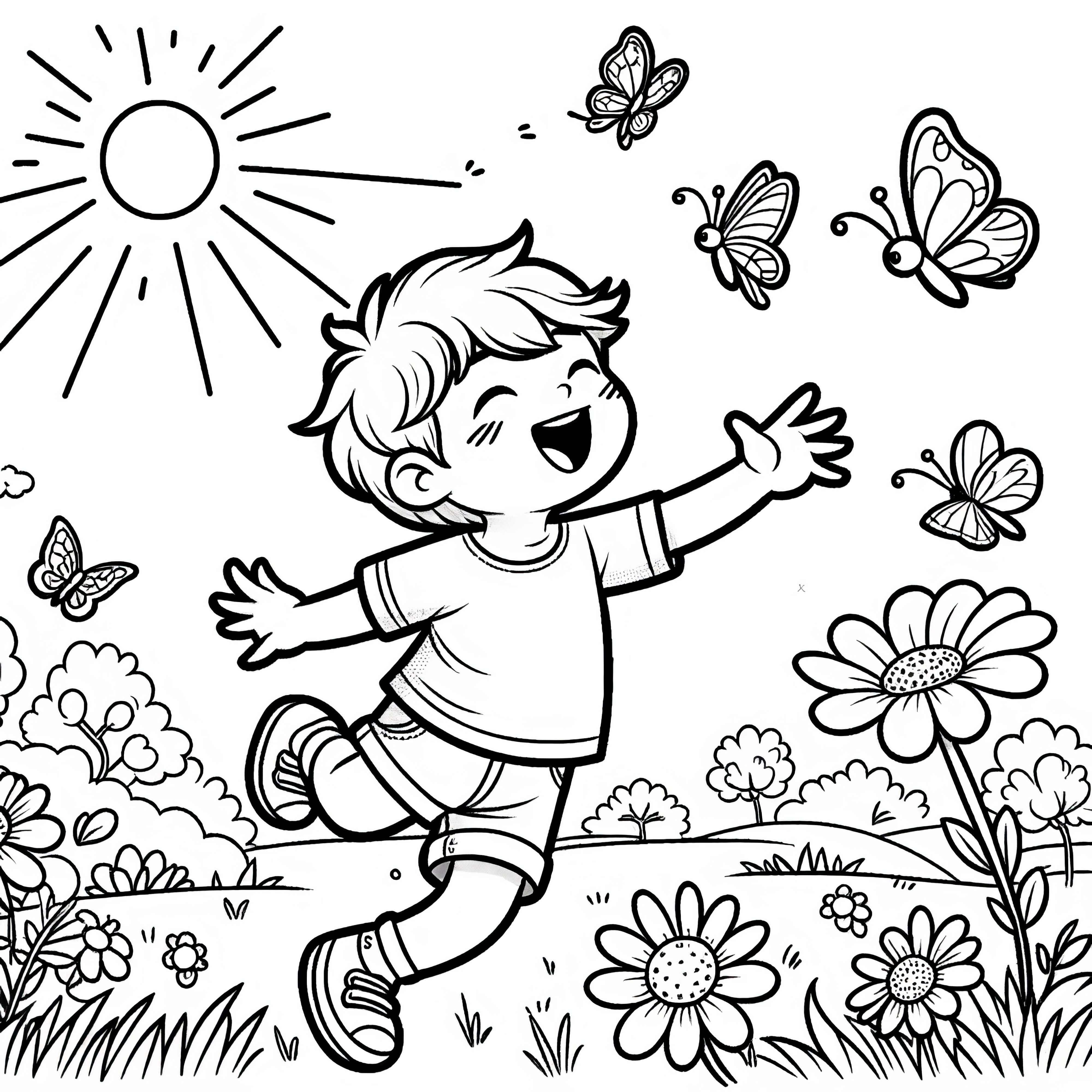 Niño alegre en un prado de flores en verano: imagen para colorear para descargar (Gratis)