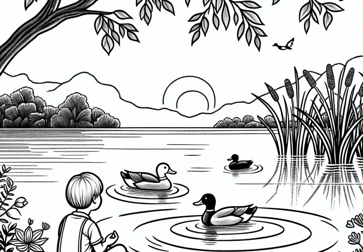 Niño en el estanque con patos: imagen para colorear (Gratis)