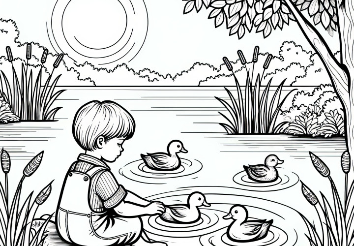 Niño en el estanque con cuatro lindos patos: lámina para colorear para descargar (Gratis)