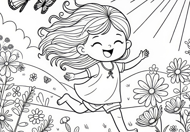 Niña feliz corre sobre prado de flores: imagen para colorear para descargar (Gratis)