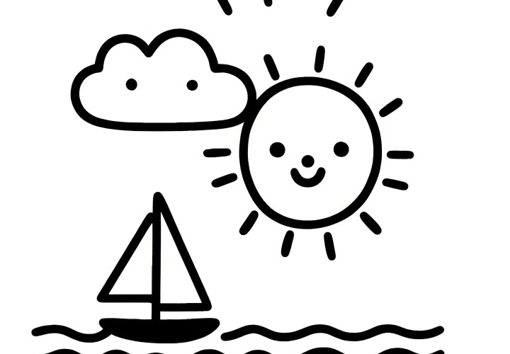 Sol, nubes y mar: dibujo para colorear simple para niños (Gratis)