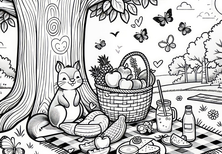 Manta de picnic con cesta y ardilla bajo un árbol: imagen para colorear para descargar (Gratis)