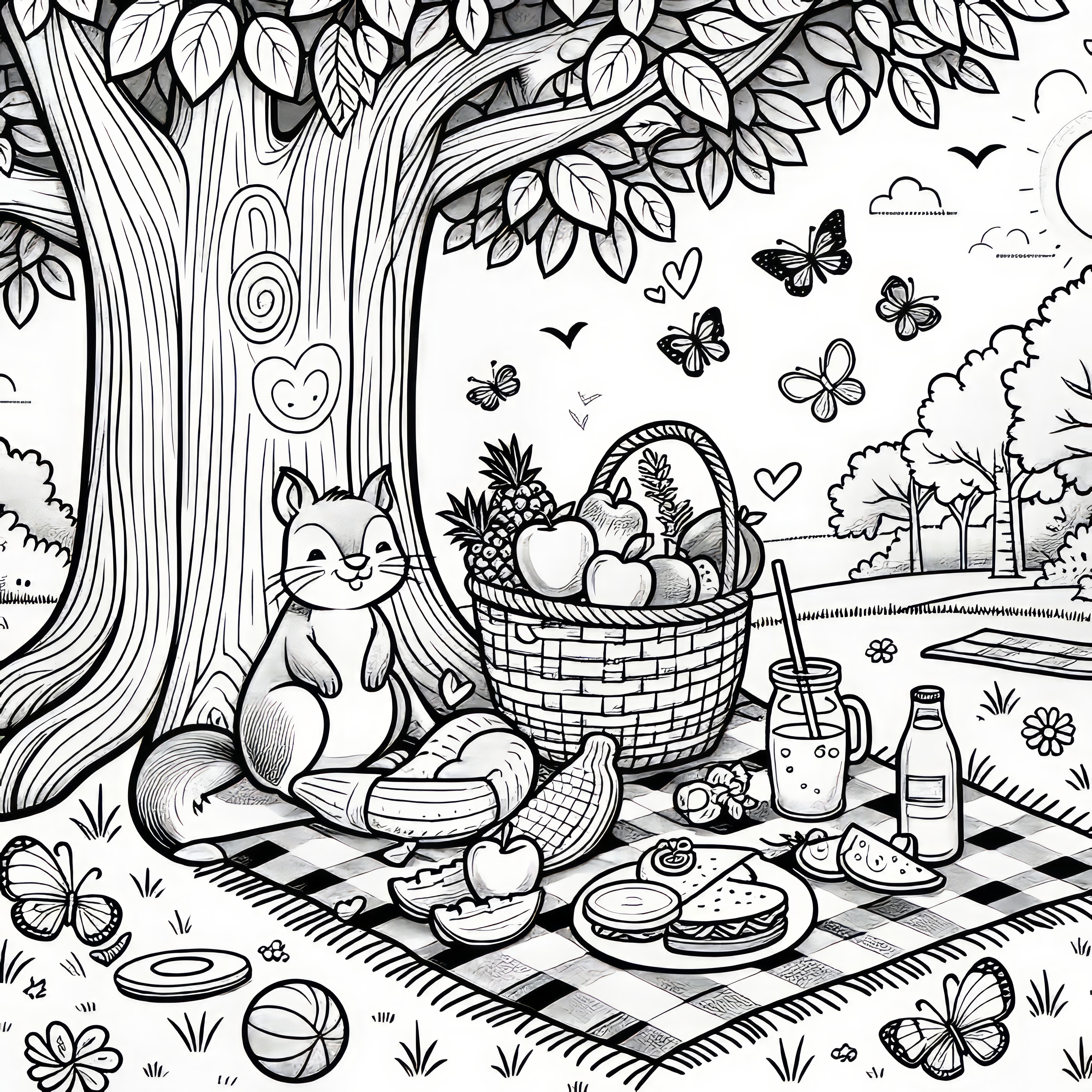 Manta de picnic con cesta y ardilla debajo de un árbol: imagen para colorear para descargar (Gratis)