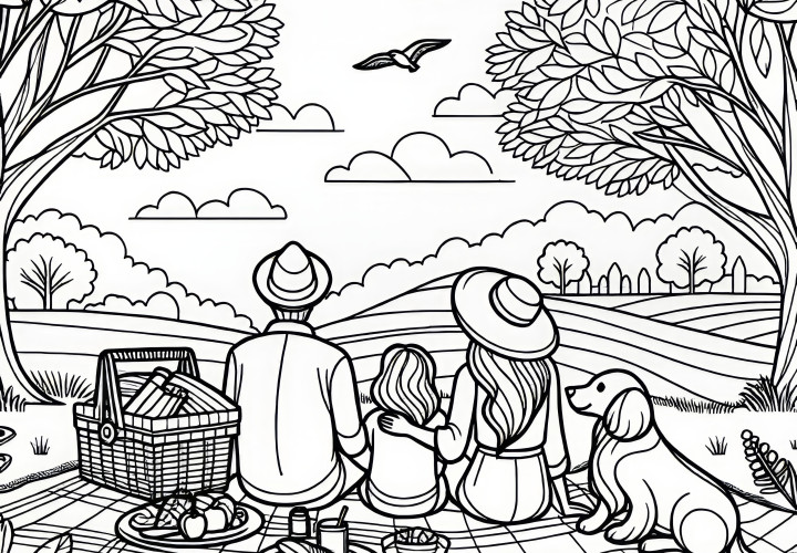 Familia de picnic en el parque: dibujo para colorear para descargar (Gratis)