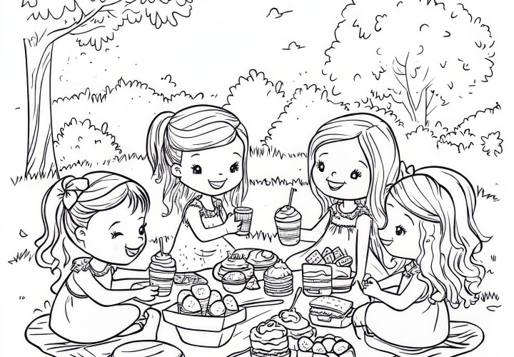 Niña en picnic en el prado: imagen para colorear para descargar (Gratis)