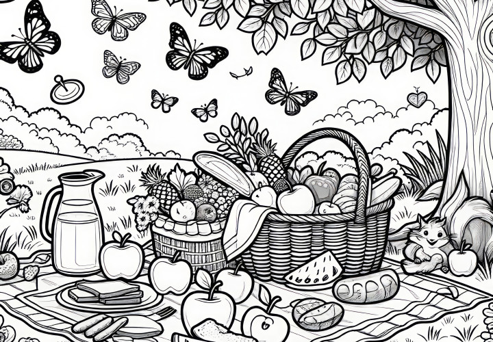 Picnic en el parque en verano: dibujo para colorear para descargar (Gratis)