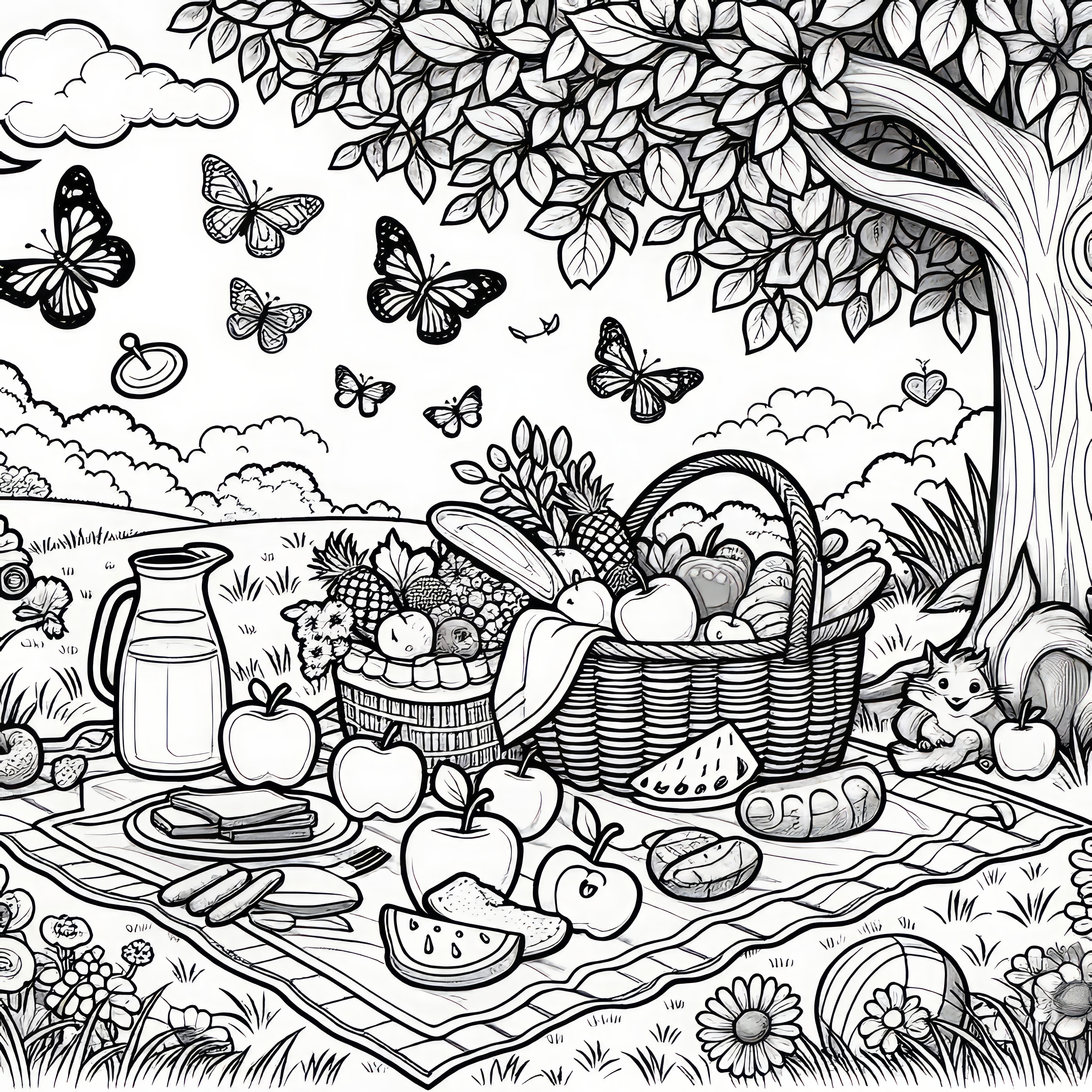 Picnic en el parque en verano: dibujo para colorear para descargar (Gratis)