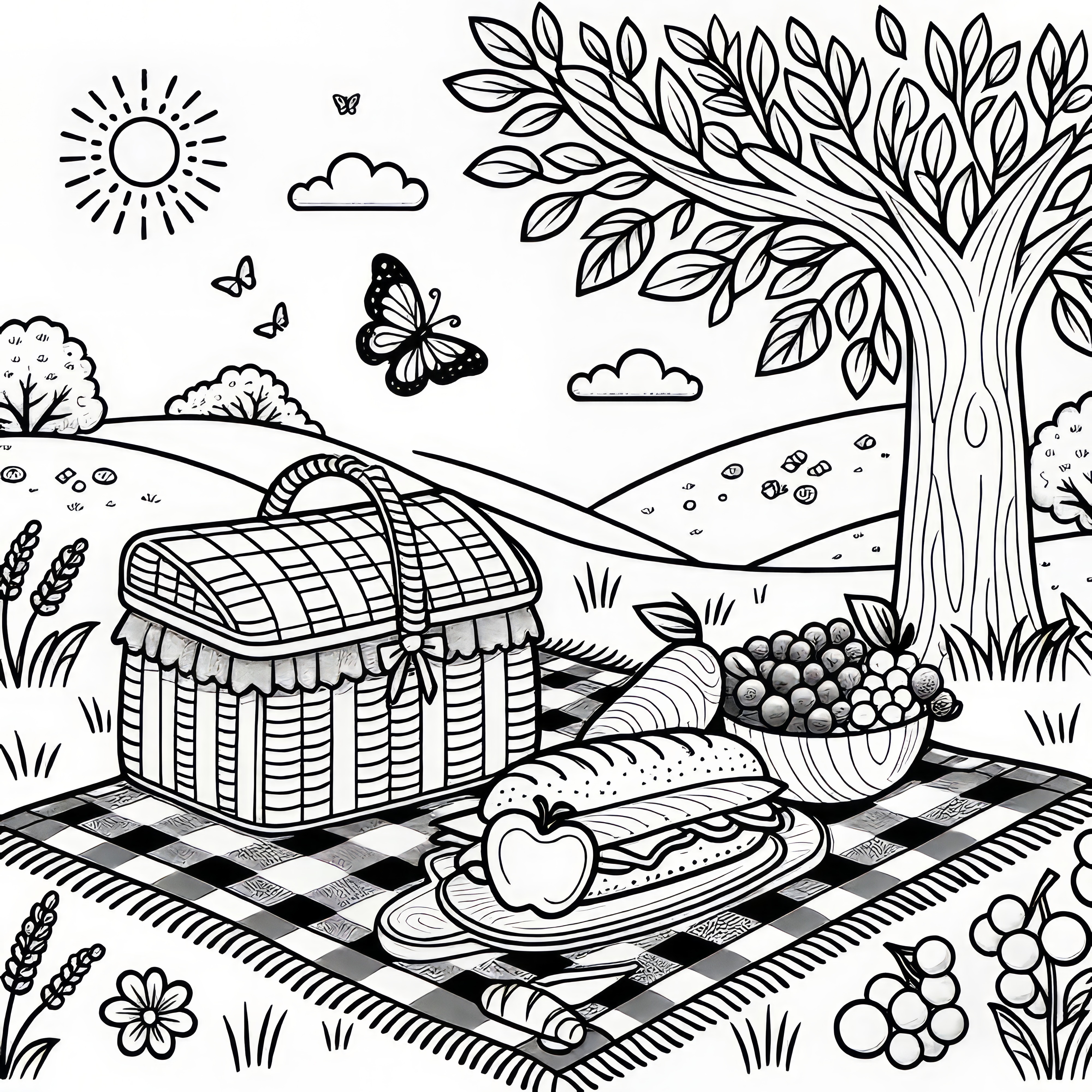 Picnic en una manta en un paisaje de verano: dibujo para colorear gratis