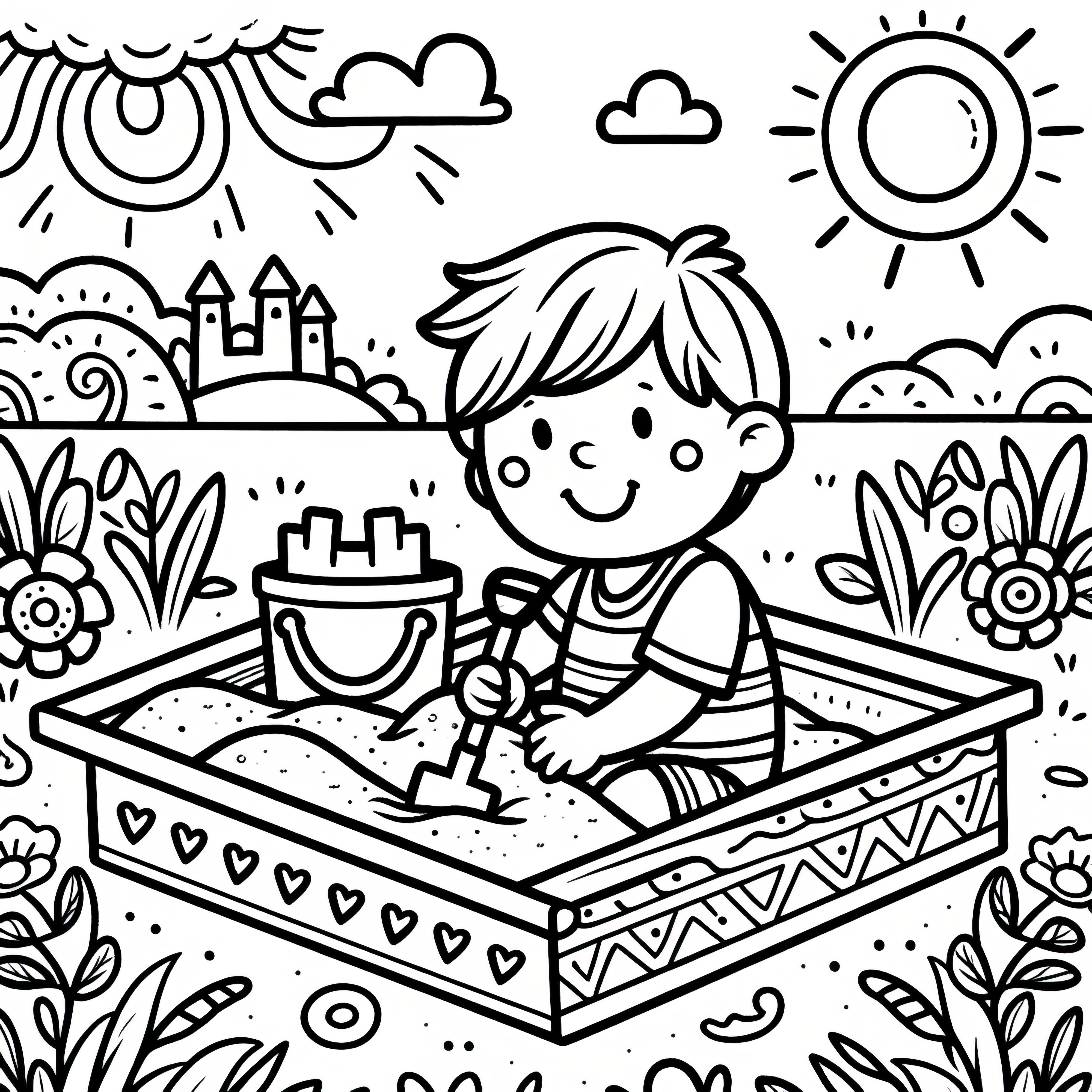 Niño juega en el arenero del parque infantil: Dibujo para colorear para descargar (Gratis)