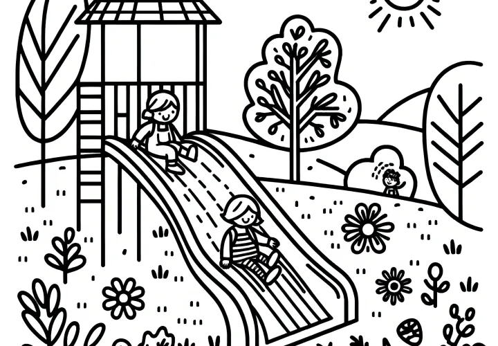 Niños deslizándose en el parque infantil: imagen para colorear para descargar (Gratis)