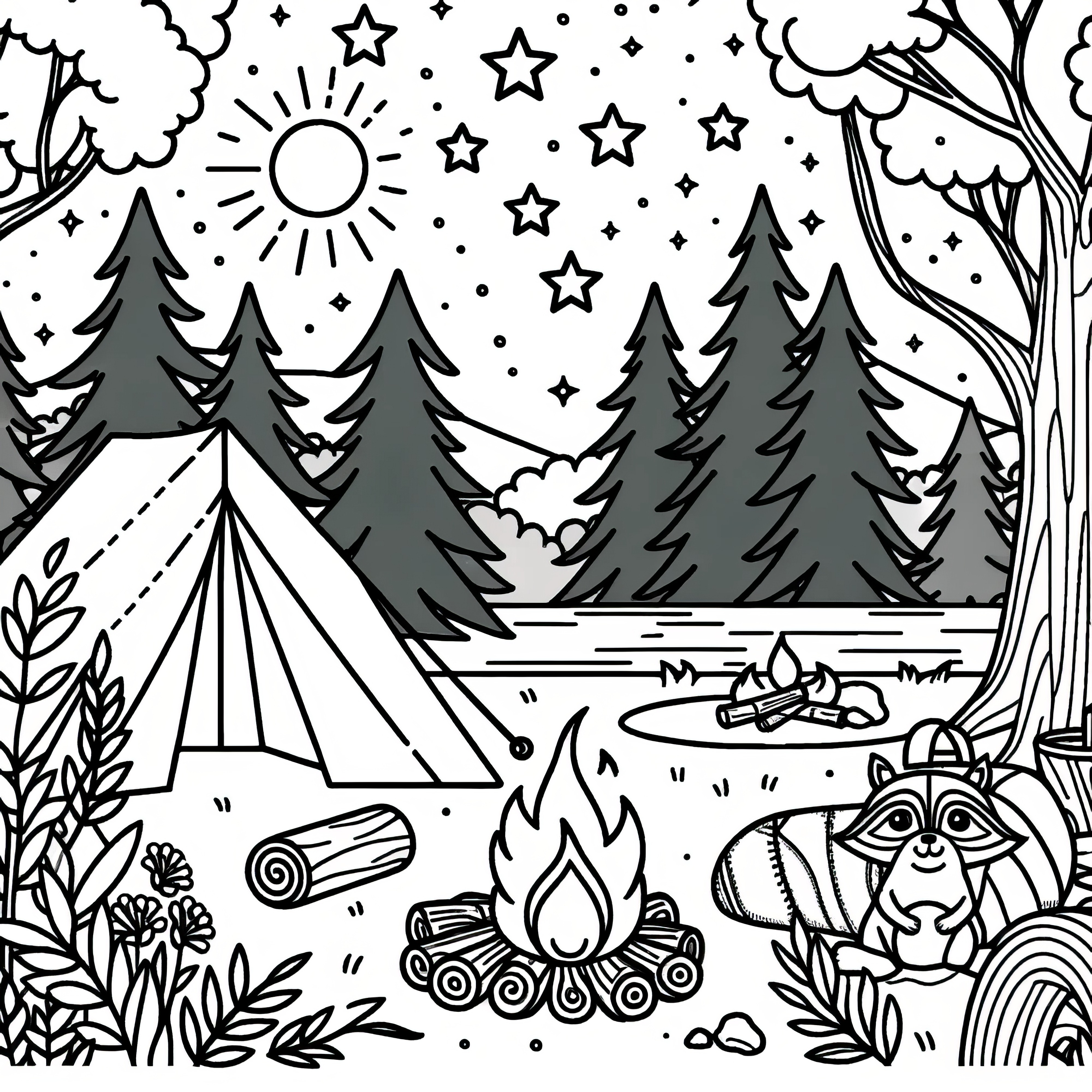 Camping en el bosque con fogata: página para colorear (Gratis)