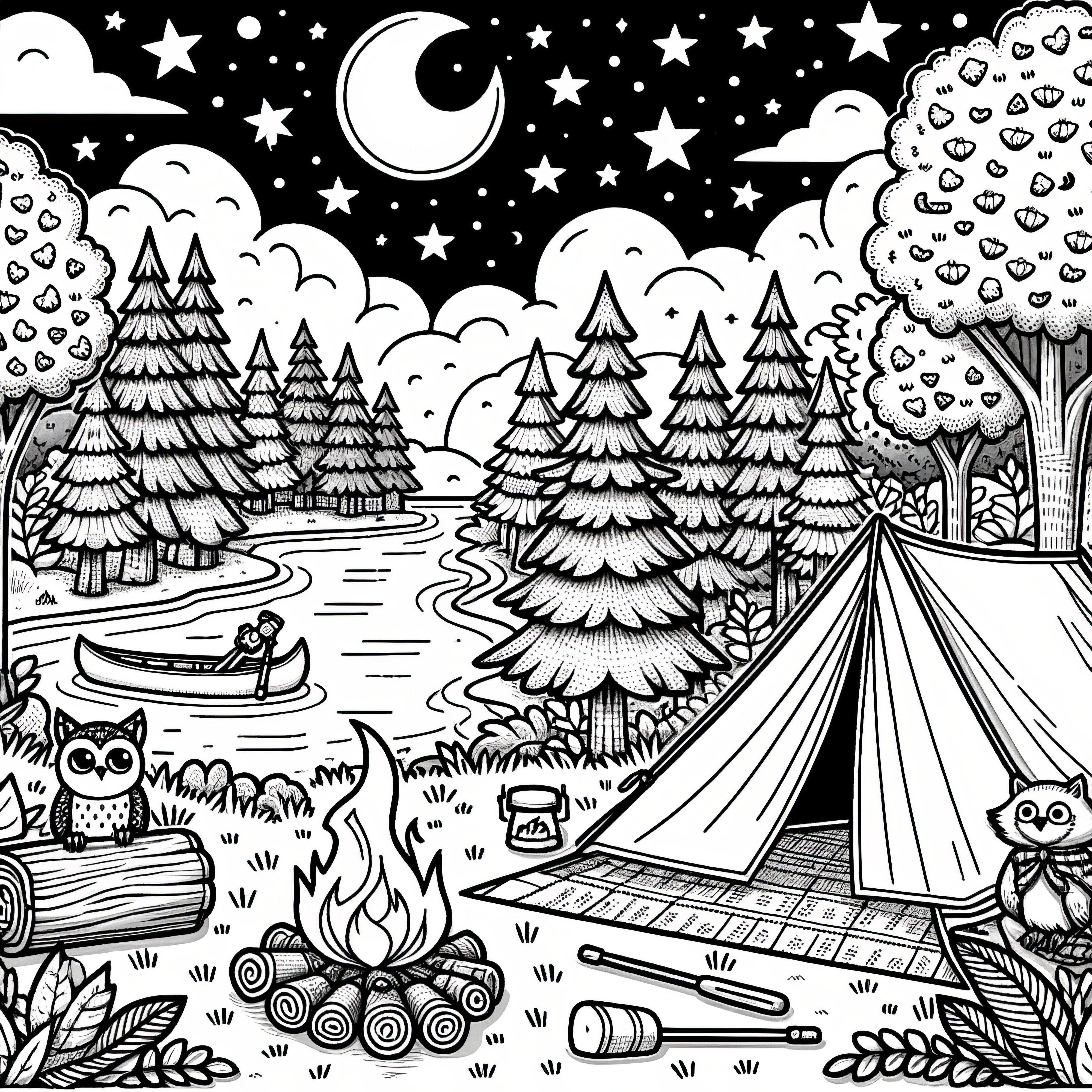 Tienda de campaña junto al río en el bosque por la noche: Dibujo para divertirse creativamente (Gratis)