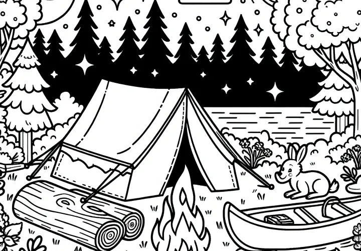 Camping con tienda, fogata y bote bajo el cielo nocturno: dibujo para colorear gratis