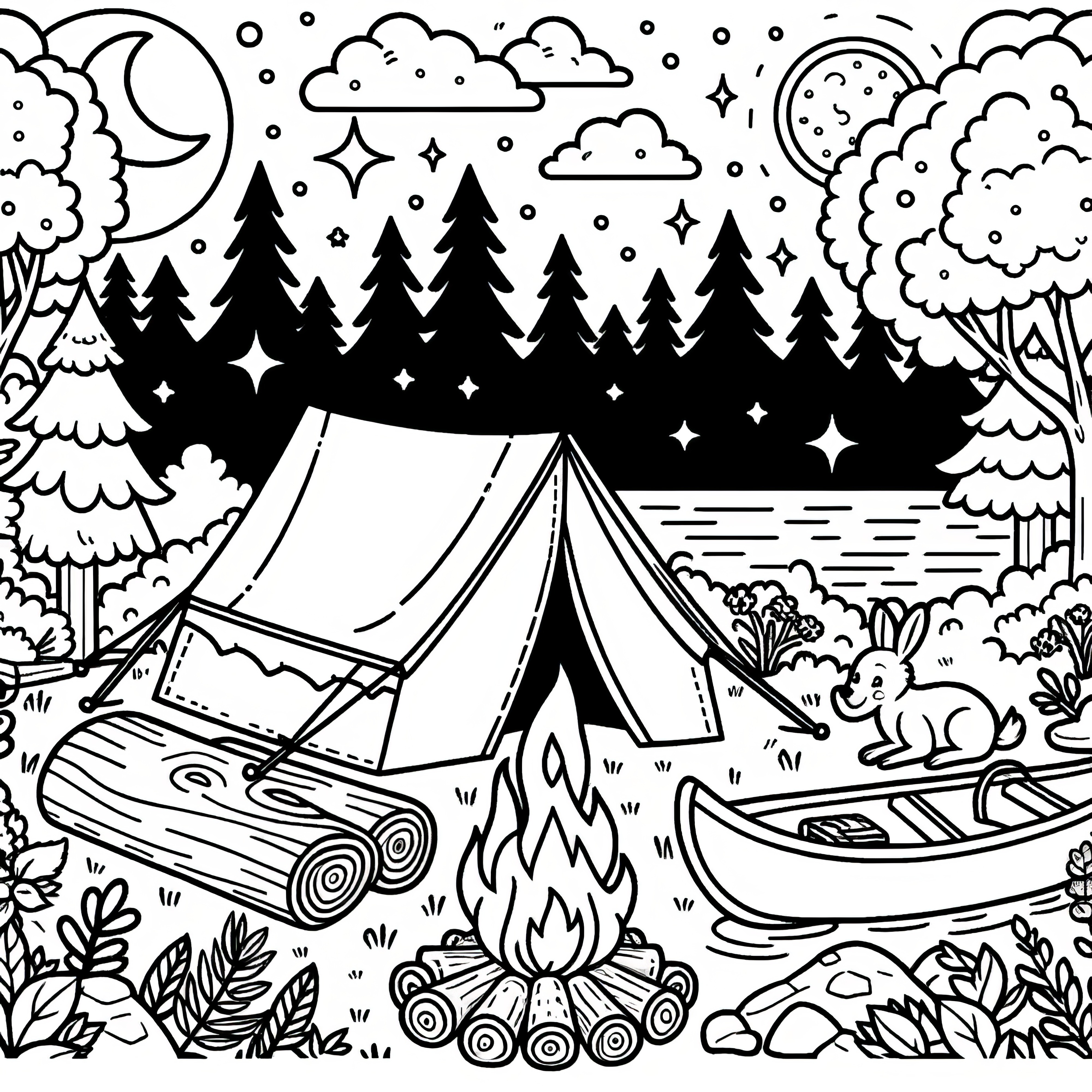 Camping con tienda, fogata y bote bajo el cielo nocturno: dibujo para colorear gratis