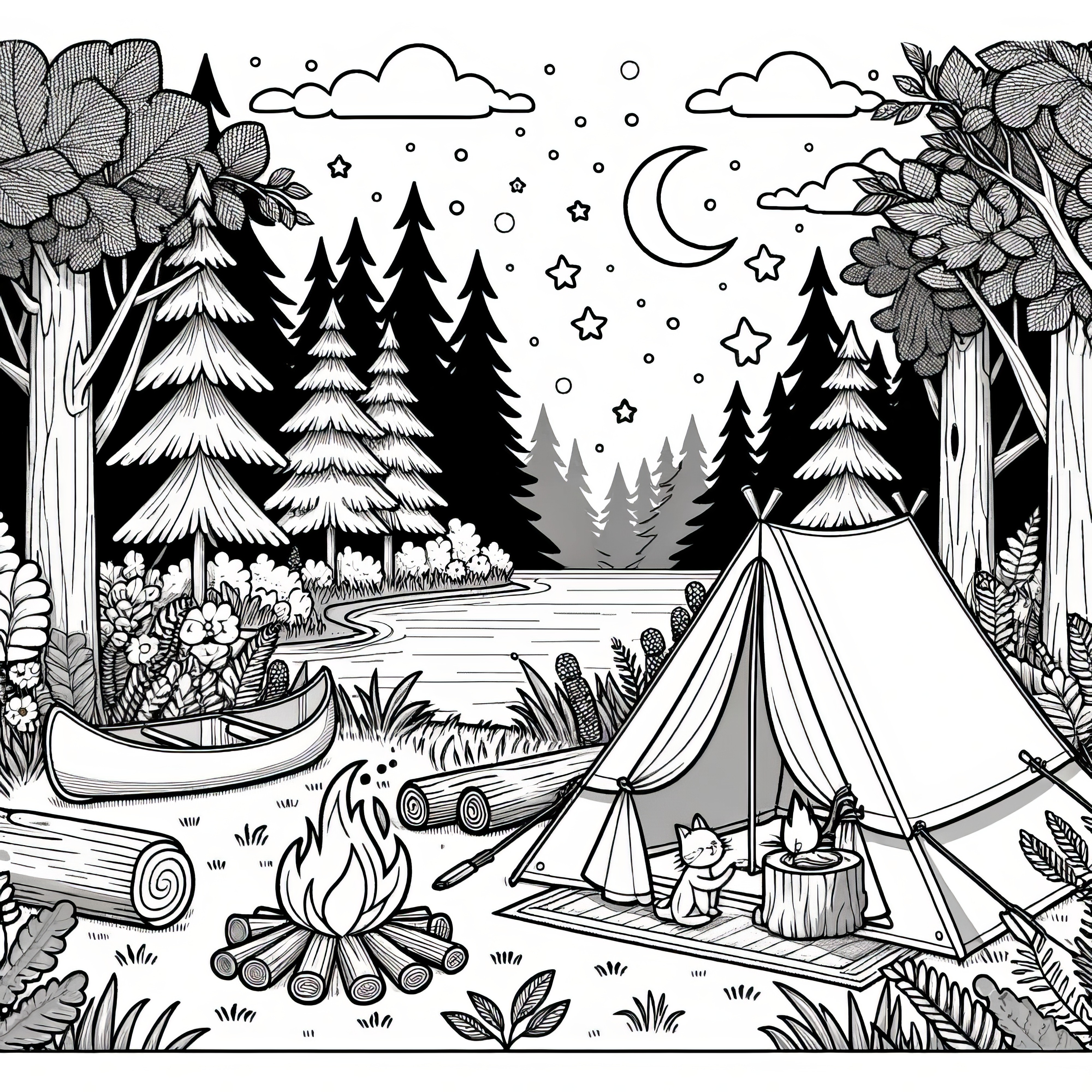 Acampar en el bosque: dibujo para colorear gratis para descargar