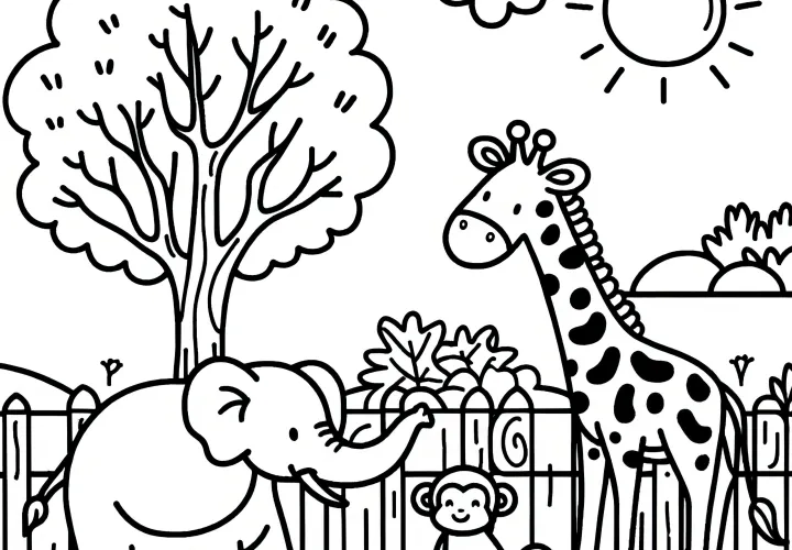 Elefante, mono y jirafa en el zoológico: imagen para colorear para descargar (Gratis)