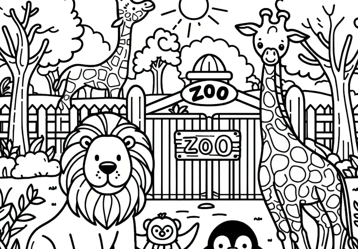 León, jirafas y pingüino en el zoológico: Imagen para colorear para descargar (Gratis)