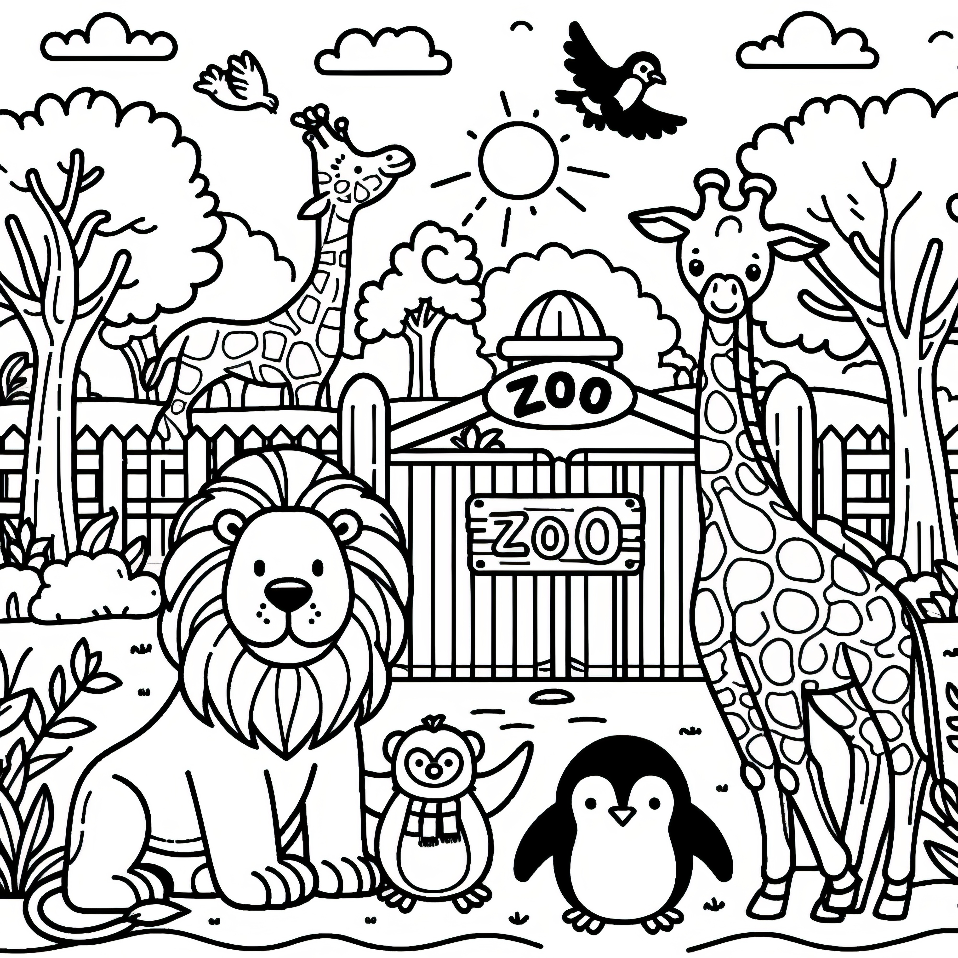 León, jirafas y pingüinos en el zoológico: Imagen para colorear linda para descargar (gratis)