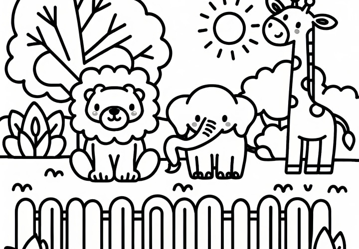 Animales amigables en el zoológico: Dibujo para colorear simple para niños (Gratis)