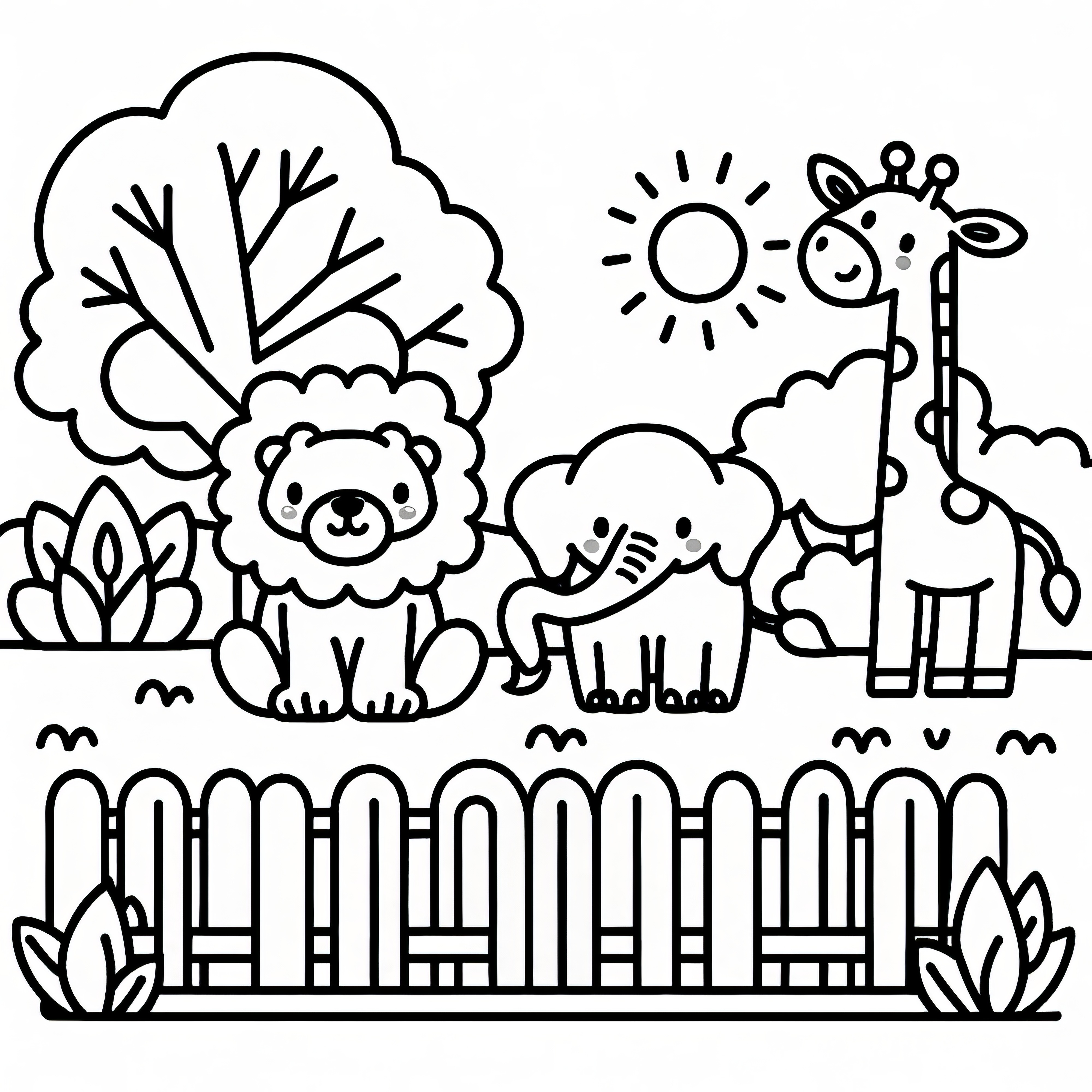 Animales amigables en el zoológico: Simple dibujo para colorear para niños (Gratis)