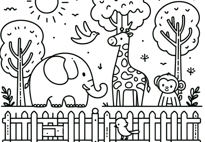 Dibujo para colorear para niños: Zoológico con animales divertidos (Gratis)