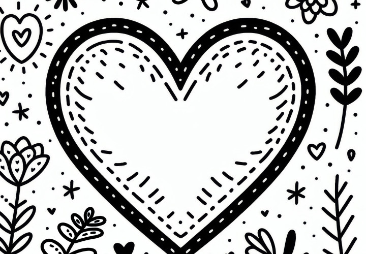 Hearts and flowers on a simple coloring page for Valentine's Day (free)