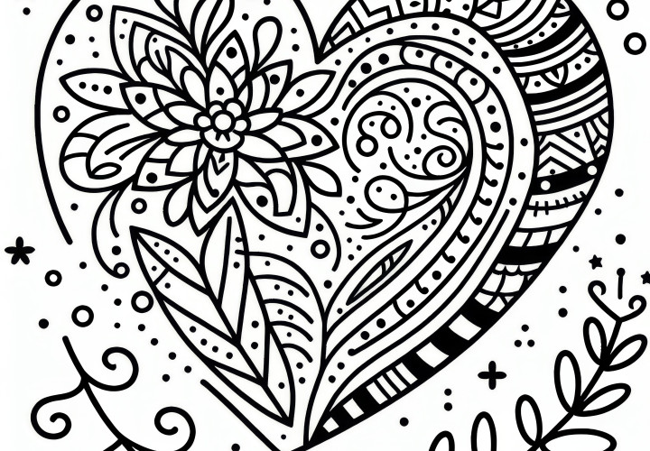 Ornate heart as a simple coloring page for Valentine's Day (Free)