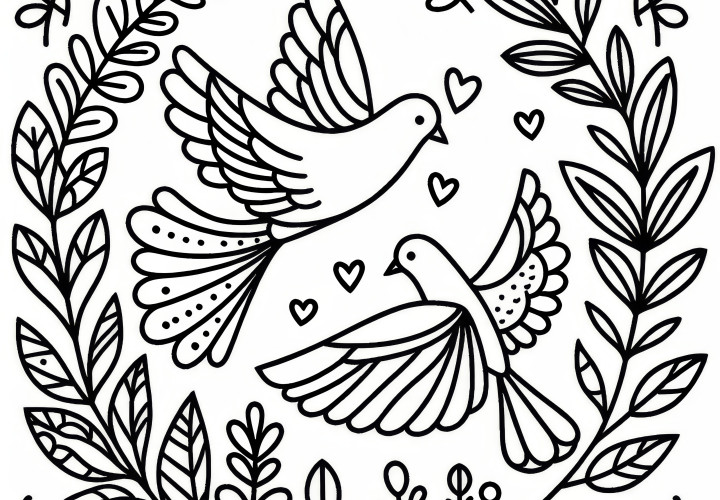 Doves as a sign of love: Simple coloring page for Valentine's Day (Free)