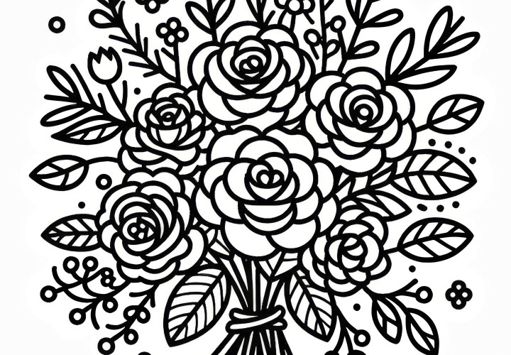 Bouquet of roses for Valentine's Day: Simple coloring picture free for download