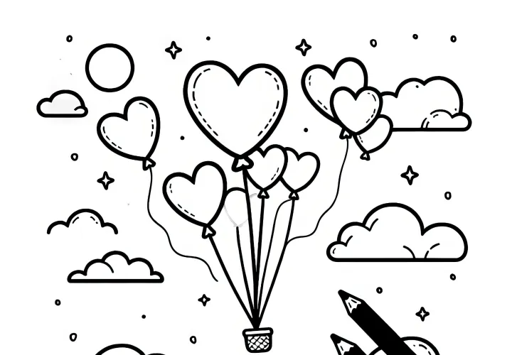 Heart-shaped balloons in the sky: coloring page for Valentine's Day (Free)