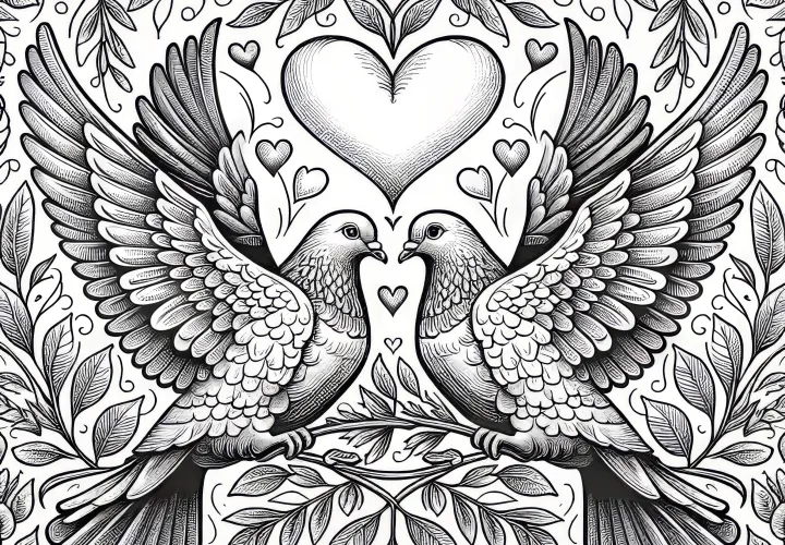 Download Valentine's Day coloring page for free with doves as a symbol of love