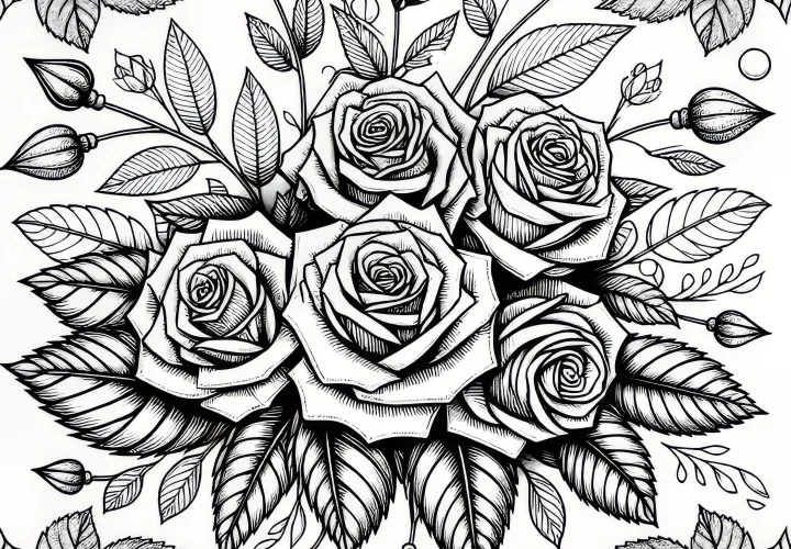 Bouquet of roses for Valentine's Day: Coloring picture for download (Free)