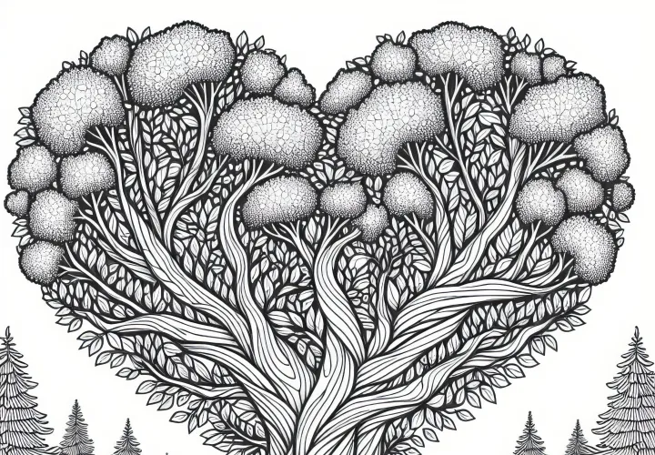 Beautiful tree in the shape of a heart as a coloring template for Valentine's Day (Free)