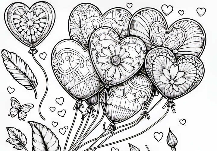 Floating heart-shaped balloons for Valentine's Day: Coloring picture available for free download