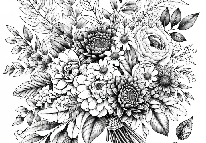 Bouquet of flowers for Valentine's Day: Coloring page for download (Free)