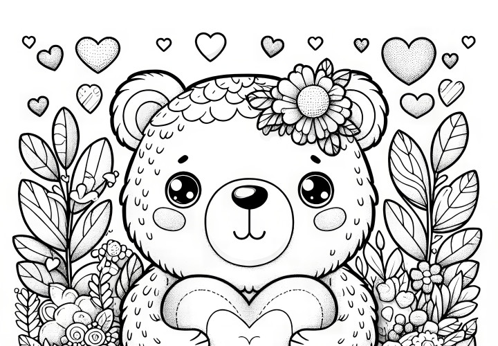 Cute bear holding heart: coloring page for Valentine's Day (Free)