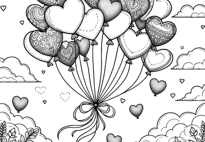 Heart balloons flying in the sky: Beautiful coloring page for download (Free)