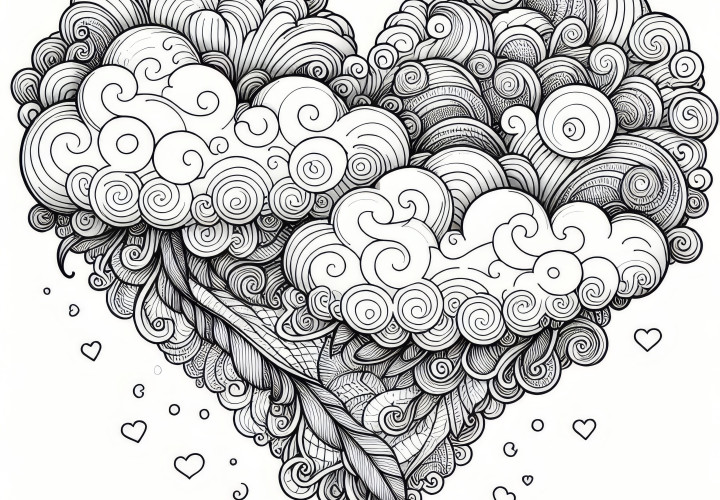 Nube romántica en forma de corazón: dibujo para colorear para el Día de San Valentín (Gratis)